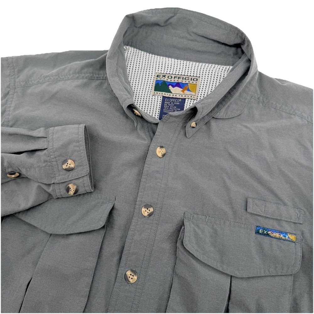 Vintage ExOfficio Shirt Mens Large Gray Vented Fishing Neck Protector Outdoors